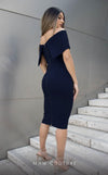 GLAM By MNM COUTURE R00484 off-shoulder midi dress with straight neckline and long zipper detail.