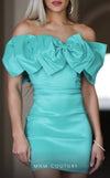 GLAM By MNM COUTURE R01027 taffeta midi dress with shoulder bow and straight neckline.