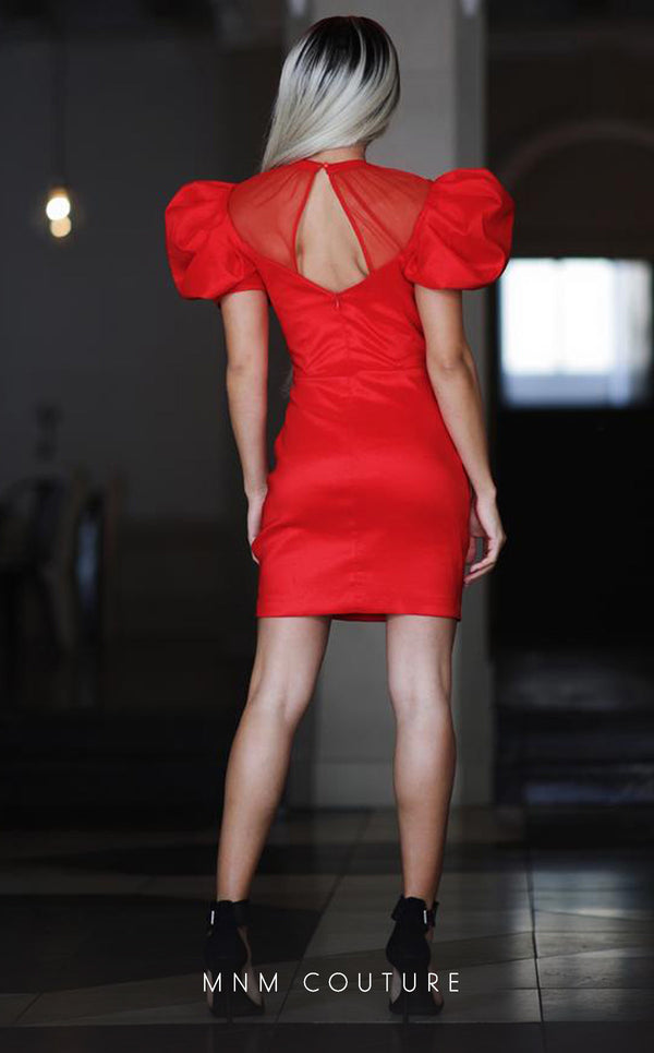 GLAM By MNM COUTURE R01043 taffeta midi dress with round neckline and eye-catching puff sleeves.