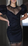 GLAM By MNM COUTURE R01043 taffeta midi dress with round neckline and eye-catching puff sleeves.