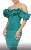 GLAM by MNM Couture R01090 strapless off-the-shoulder ruffled midi dress in luxe fabric. | Couture Shop LA