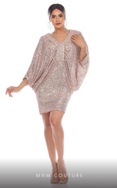 GLAM by MNM Couture R01103 oversized V-neck sequin short dress with bold appeal. | Couture Shop LA