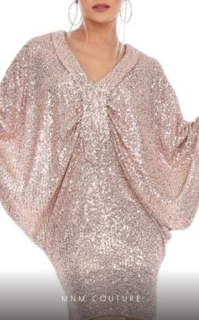 GLAM by MNM Couture R01103 oversized V-neck sequin short dress with bold appeal. | Couture Shop LA