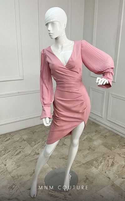 GLAM by MNM Couture R01104 long pleated sleeve V-neck midi dress with draped details. | Couture Shop LA