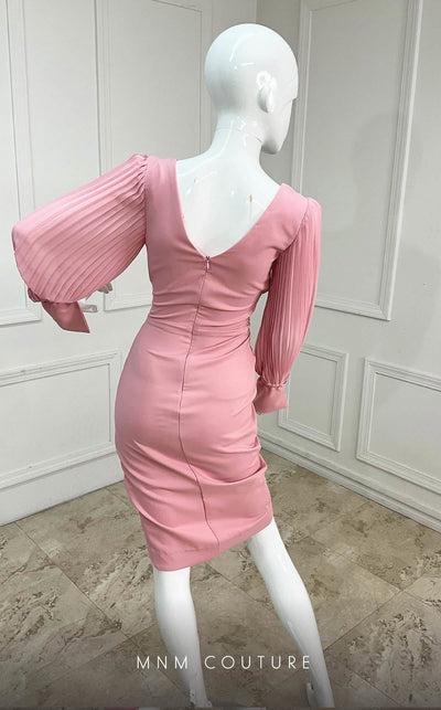 GLAM by MNM Couture R01104 long pleated sleeve V-neck midi dress with draped details. | Couture Shop LA