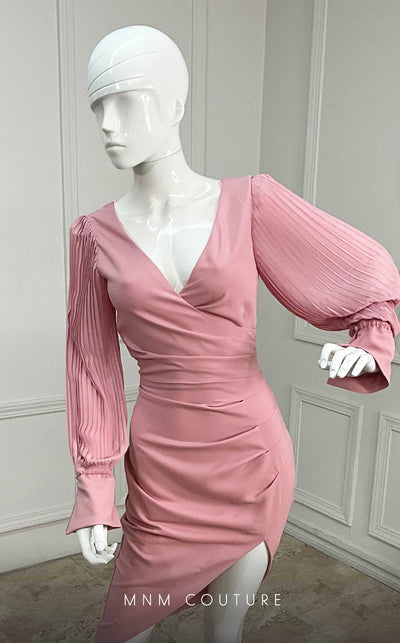 GLAM by MNM Couture R01104 long pleated sleeve V-neck midi dress with draped details. | Couture Shop LA