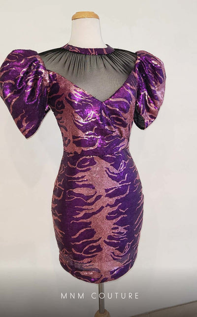 GLAM by MNM Couture R01109 puff sleeve V-neck midi dress with intricate sequins. | Couture Shop LA