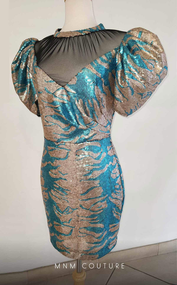 GLAM by MNM Couture R01109 puff sleeve V-neck midi dress with intricate sequins. | Couture Shop LA