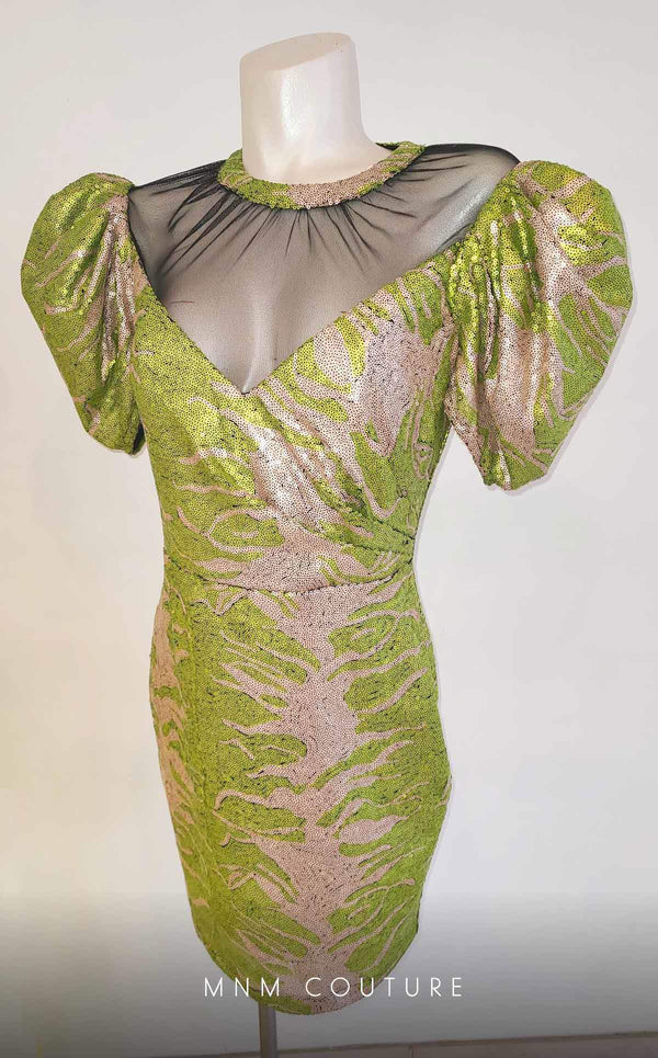 GLAM by MNM Couture R01109 puff sleeve V-neck midi dress with intricate sequins. | Couture Shop LA