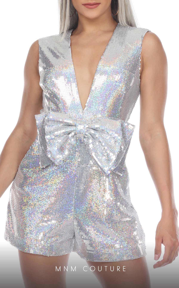 GLAM by MNM Couture R01112 sleeveless sequin romper with striking bow detail. | Couture Shop LA