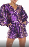 GLAM by MNM Couture R01113 puff sleeve deep V-neck sequin romper with striking style. | Couture Shop LA