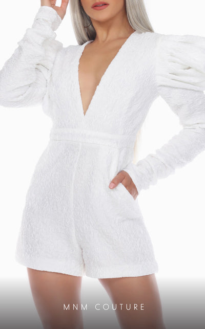 GLAM by MNM Couture R01114 puff sleeve deep V-neck brocade romper with rich texture. | Couture Shop LA