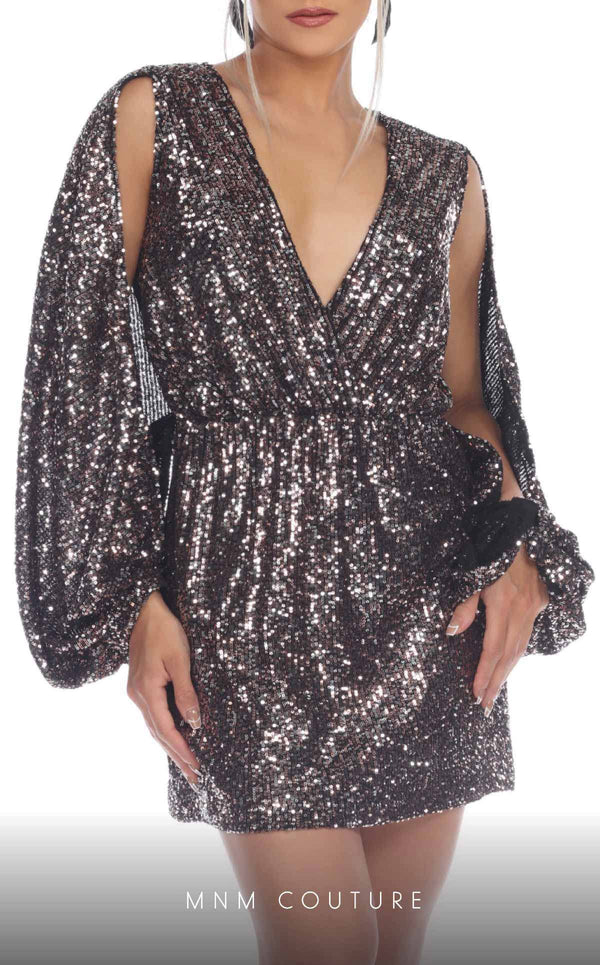 GLAM by MNM Couture R01130 split long sleeve V-neck sequin mini dress with bold elegance. | Couture Shop LA