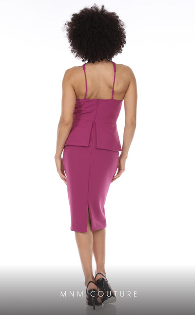 GLAM by MNM Couture R01136 sleeveless halter neck midi dress with peplum skirt. | Couture Shop LA