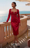 GLAM by MNM Couture R01200 long sleeve square neck midi dress with elegant tailoring. | Couture Shop LA