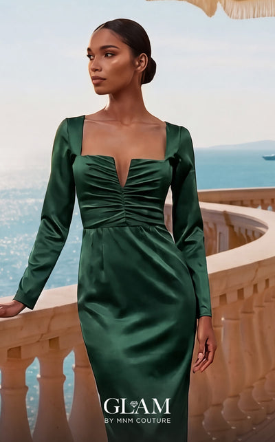 GLAM by MNM Couture R01200 long sleeve square neck midi dress with elegant tailoring. | Couture Shop LA