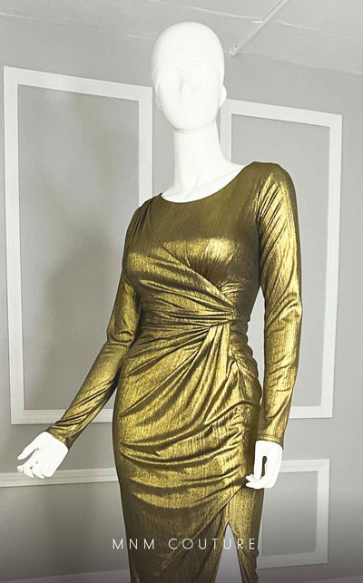 GLAM by MNM Couture R06104 long sleeve pleated maxi dress with flowing silhouette. | Couture Shop LA