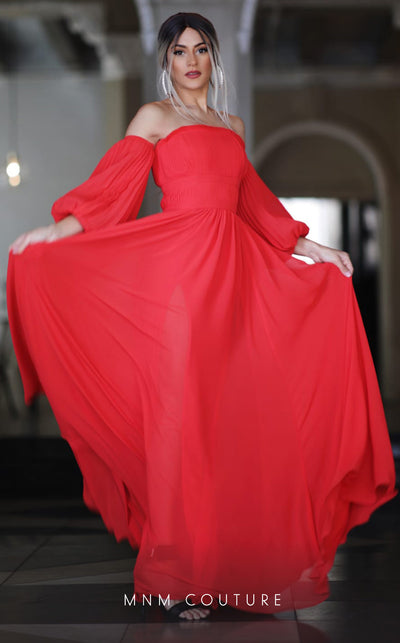 GLAM by MNM Couture R07399 strapless pleated top maxi dress with removable sleeves for added versatility. | Couture Shop LA