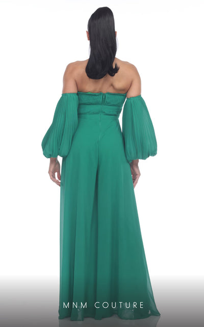 GLAM by MNM Couture R07509 strapless pleated top jumpsuit with versatile removable sleeves. | Couture Shop LA