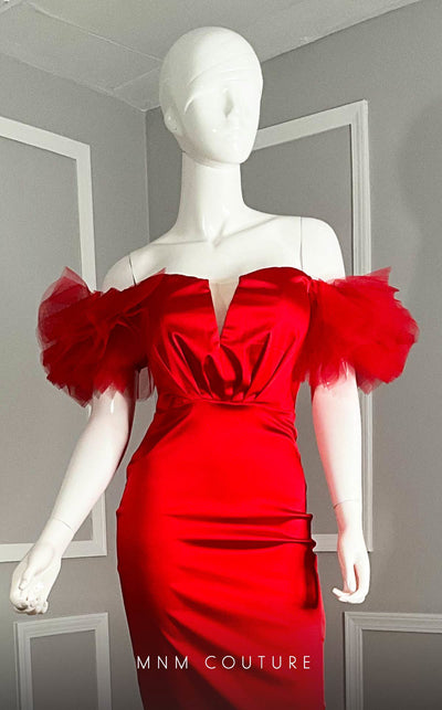 MNM Couture R07564A satin organza sheath dress with puffy cap sleeves and illusion V-neckline. | Couture Shop LA