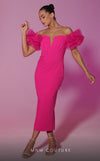 GLAM by MNM Couture R07564 short sleeve sweetheart neck midi dress with ruffled off-shoulder charm. | Couture Shop LA