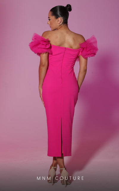 GLAM by MNM Couture R07564 short sleeve sweetheart neck midi dress with ruffled off-shoulder charm. | Couture Shop LA