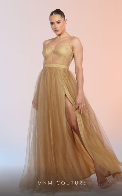 GLAM by MNM Couture R07645 spaghetti strap sweetheart neck tulle gown with high slit. | Couture Shop LA
