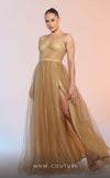 GLAM by MNM Couture R07645 spaghetti strap sweetheart neck tulle gown with high slit. | Couture Shop LA