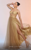 GLAM by MNM Couture R07645 spaghetti strap sweetheart neck tulle gown with high slit. | Couture Shop LA
