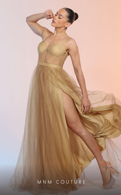 GLAM by MNM Couture R07645 spaghetti strap sweetheart neck tulle gown with high slit. | Couture Shop LA