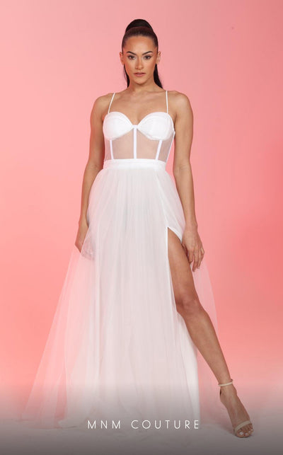 GLAM by MNM Couture R07645 spaghetti strap sweetheart neck tulle gown with high slit. | Couture Shop LA