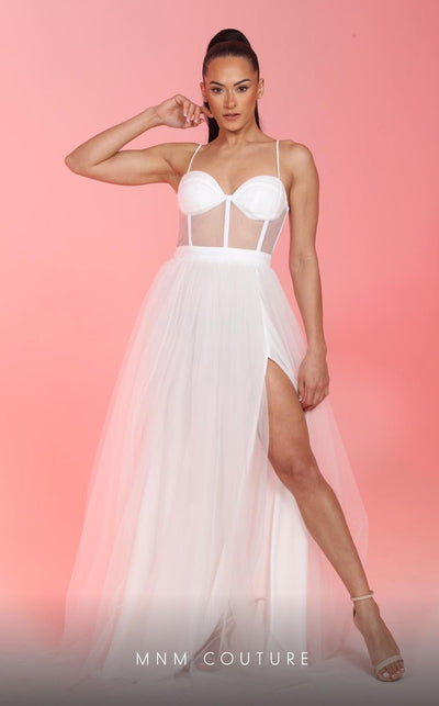 GLAM by MNM Couture R07645 spaghetti strap sweetheart neck tulle gown with high slit. | Couture Shop LA