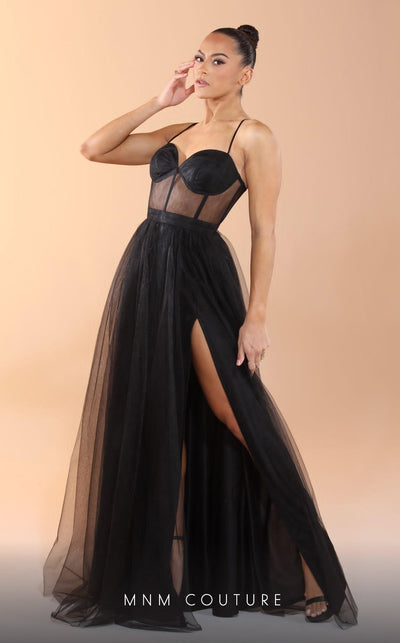 GLAM by MNM Couture R07645 spaghetti strap sweetheart neck tulle gown with high slit. | Couture Shop LA
