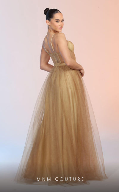 GLAM by MNM Couture R07645 spaghetti strap sweetheart neck tulle gown with high slit. | Couture Shop LA