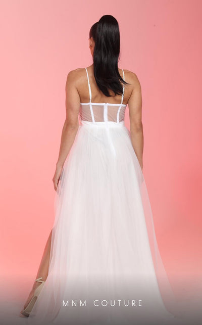 GLAM by MNM Couture R07645 spaghetti strap sweetheart neck tulle gown with high slit. | Couture Shop LA