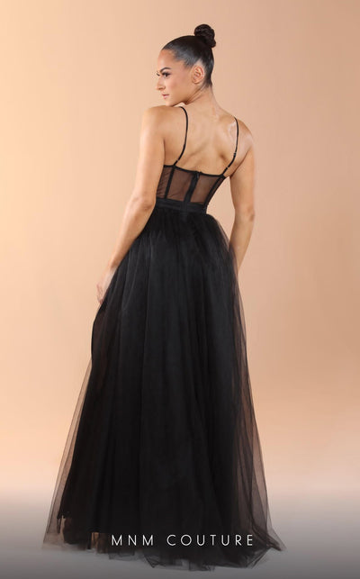 GLAM by MNM Couture R07645 spaghetti strap sweetheart neck tulle gown with high slit. | Couture Shop LA