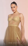 GLAM by MNM Couture R07645 spaghetti strap sweetheart neck tulle gown with high slit. | Couture Shop LA