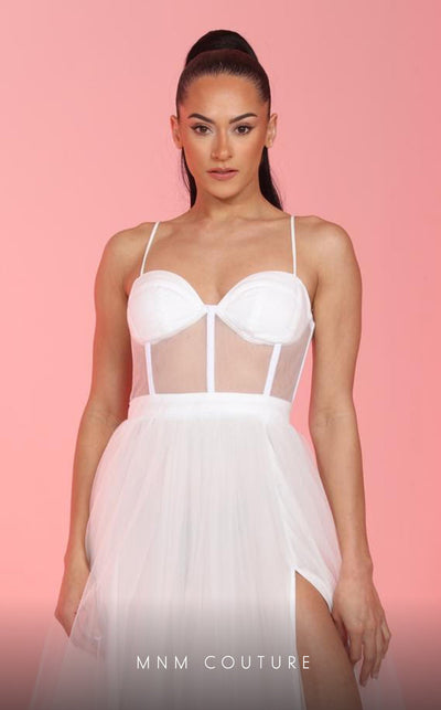 GLAM by MNM Couture R07645 spaghetti strap sweetheart neck tulle gown with high slit. | Couture Shop LA