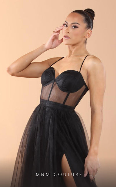 GLAM by MNM Couture R07645 spaghetti strap sweetheart neck tulle gown with high slit. | Couture Shop LA