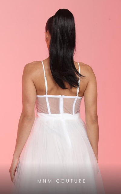 GLAM by MNM Couture R07645 spaghetti strap sweetheart neck tulle gown with high slit. | Couture Shop LA