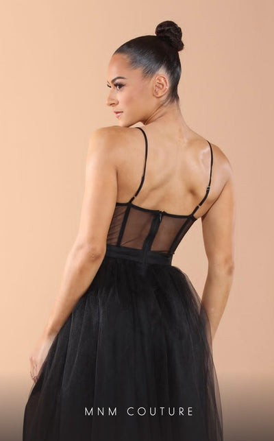 GLAM by MNM Couture R07645 spaghetti strap sweetheart neck tulle gown with high slit. | Couture Shop LA