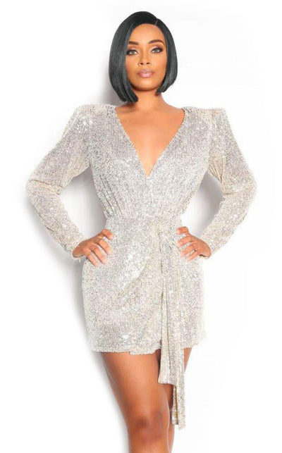 GLAM by MNM Couture R0914 long sleeve V-neck mini sequin wrap dress with striking design. | Couture Shop LA