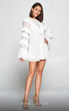 GLAM by MNM Couture R0985 long sleeve round neck oversized mini dress with ruffle bell sleeves. | Couture Shop LA