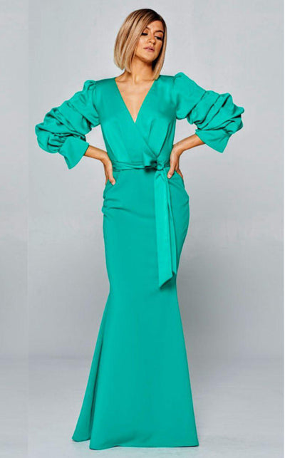 GLAM by MNM Couture R7244 long sleeve V-neck maxi dress with flowing ruffle sleeves. | Couture Shop LA