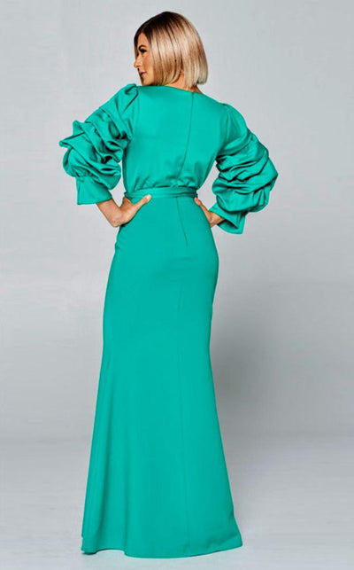 GLAM by MNM Couture R7244 long sleeve V-neck maxi dress with flowing ruffle sleeves. | Couture Shop LA