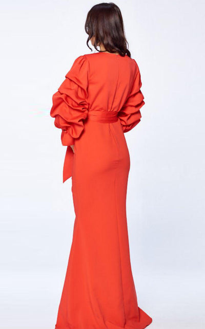 GLAM by MNM Couture R7244 long sleeve V-neck maxi dress with flowing ruffle sleeves. | Couture Shop LA