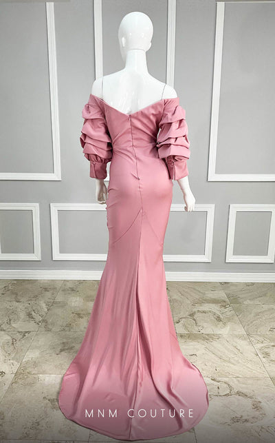 GLAM by MNM Couture R7366 long sleeve V-neck maxi dress with sophisticated ruffles. | Couture Shop LA