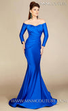 MNM Couture S0003A off-shoulder mermaid gown with ruched bustline and dramatic train. | Couture Shop LA