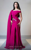 MNM Couture V02029A asymmetrical gown with a long cape skirt and crystal, rhinestones, and beads embellishments around the waist. | Couture Shop LA