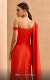 MNM Couture V02029 asymmetrical gown with a long cape skirt and crystal, rhinetones and beads-embellished brooch from waist down to open side slit. | Couture Shop LA